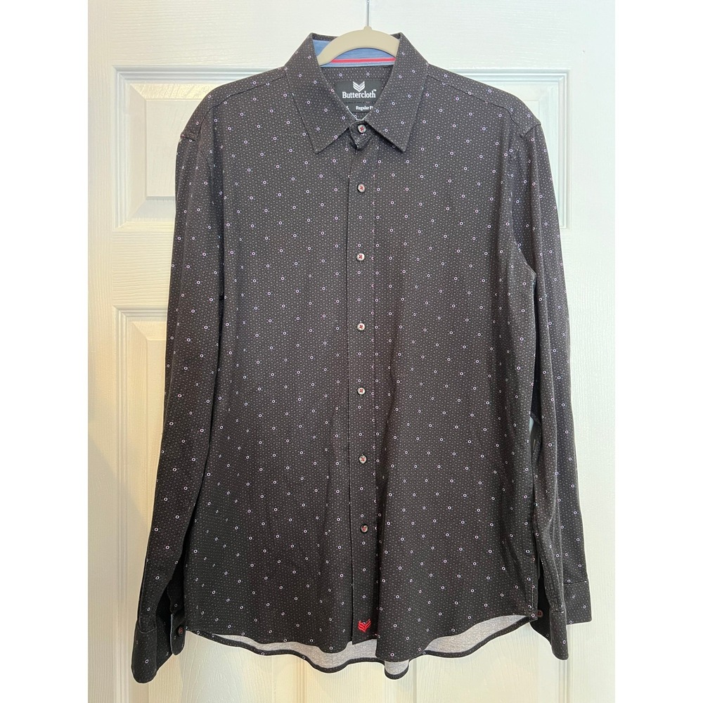 Buttercloth Button Down Shirt 100% Cotton Geometric Hexagon Print Charcoal